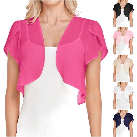 CFLVAEK Lightweight Cardigans for Women Casual Petal Short Sleeve Cropped Cardigan Loose Fit Open Front Shrug for Dress Pink XXL