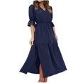thumbnail image 2 of Robe Maxi d'Été Mode Femme Manches Mi-Longues Col en V Ample Robe Unie à la Cheville Robe Longue Fendue Robe à Manches Courtes en Liquidation, 2 of 7