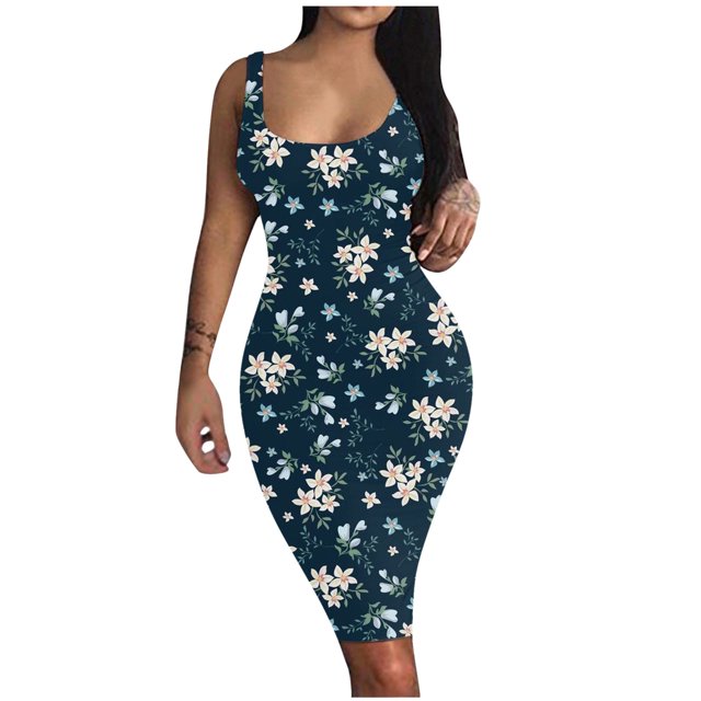 Fridja Womens Print O-Neck Tank Dress Sleeveless Basic Midi Club Dress