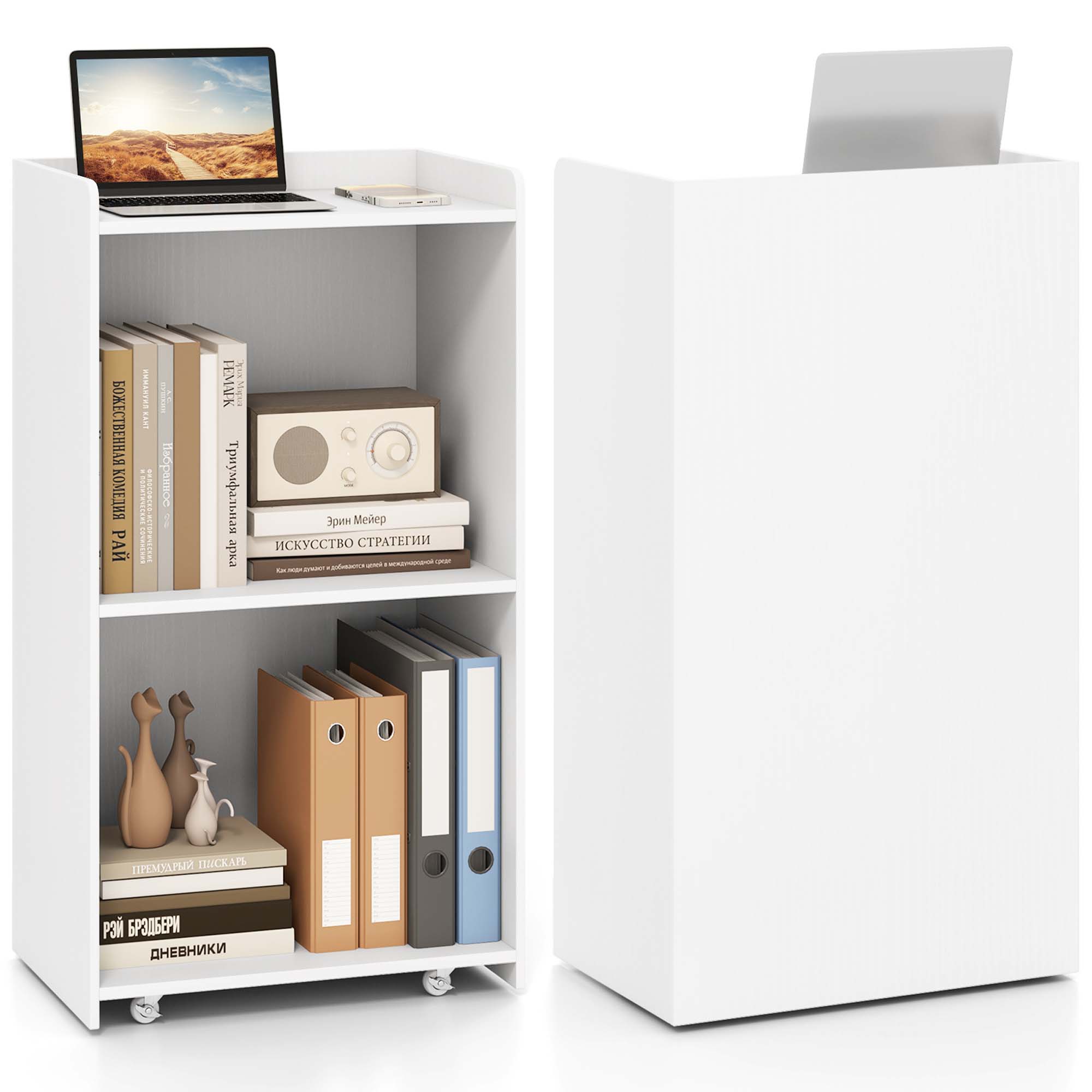 Gymax Ensemble de 2 Supports Podium Roulants Support de Lutrin Mobile avec 2 Tablettes et Roues Verrouillables Blanc