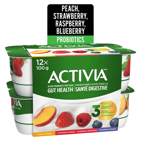 Activia Probiotic Yogurt, Strawberry/Blueberry/Raspberry/Peach, 12x100g