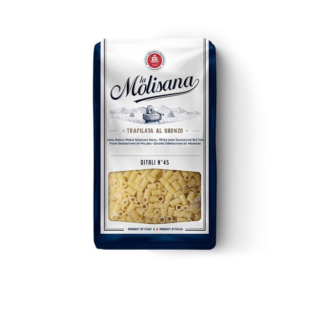 LA MOLISANA DITALI #45 dry pasta in navy blue and white packaging with a clear window showing small hollow tubular pasta made from 100% durum wheat semolina using bronze dye extrusion, product of Italy and kosher certified, suitable for soups and broths.