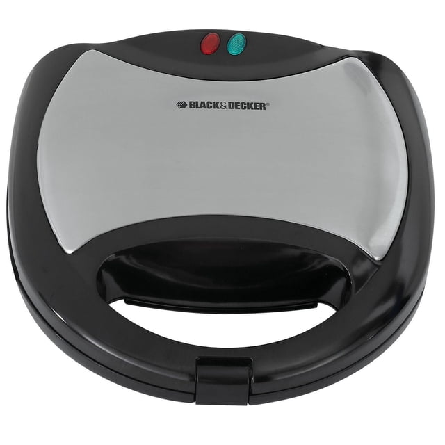 Black + Decker Black & Decker 4-in-1 Grill / Waffle / Griddle closed electric appliance with black plastic body and stainless steel top panel featuring red and green indicator lights, front handle with security latch, suitable for grilling, waffle making, and griddling with interchangeable nonstick plates.
