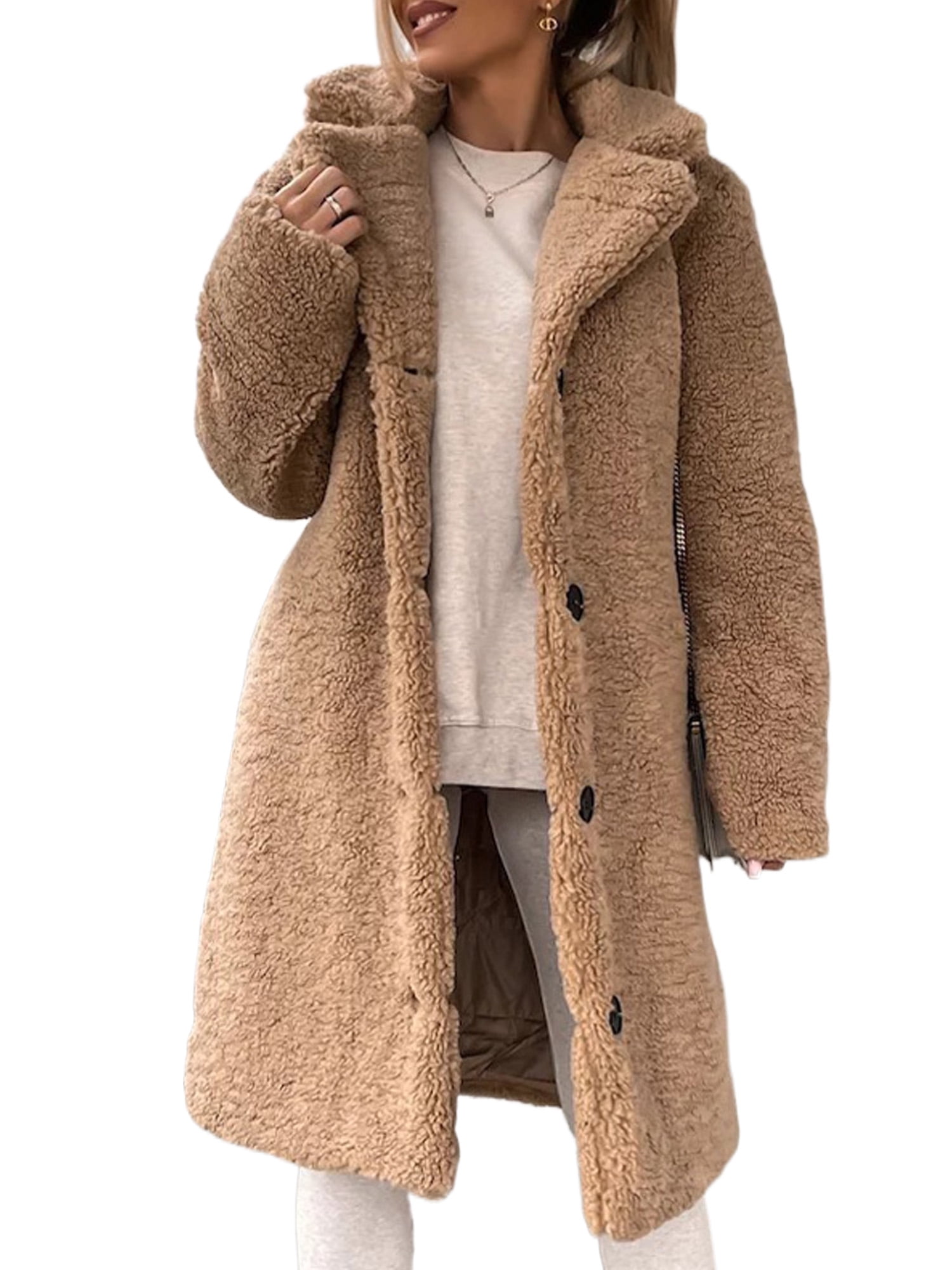 LUXUR Ladies Button Down Plush Overcoats Single Breasted Travel Sherpa Jacket Khaki 2XL