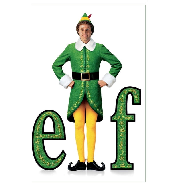 Elf - Affiche Murale d'Une Feuille, 22,375 Po x 34 Po Montrant une Vue avant Centrée d'Une Personne en costume Elf Vert avec Col et Poignets en Fourrure Blanche, Ceinture Noire avec Boucle Dorée, Collants Jaunes, Chaussures Bouclées Noires et un Chapeau Vert avec une Plume Rouge, Positionnée entre de Grandes Lettres Décoratives Vertes « e » et « f » sur un Fond Blanc, Convient à la Déco de Chambre festive Ou à la Décoration de Fête.