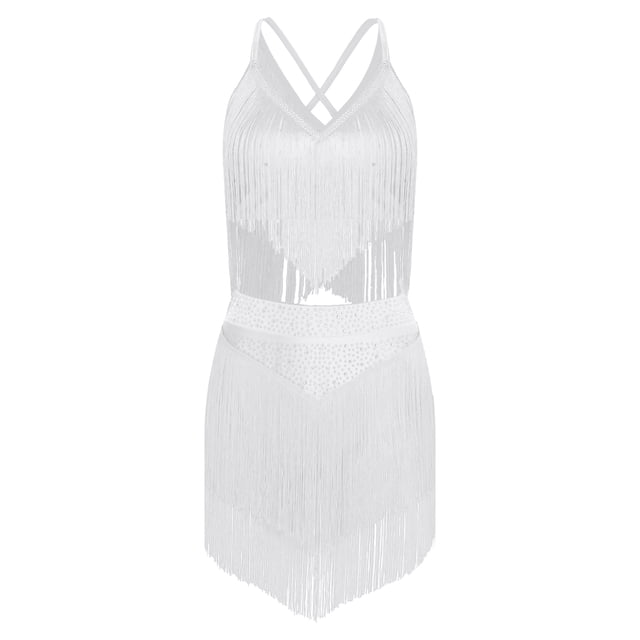 renvena 2 Pcs Justaucorps de Danse Lyrique Latine pour Femmes à Bretelles Spaghetti Haut Court de Danse avec Pompon Danse Blanc P