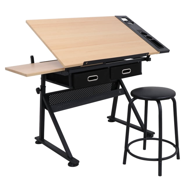 LEMY Table à Dessin avec Tabouret, Bureau d'Art Inclinable à Hauteur Réglable avec Fini Bois Clair et Cadre en Acier Noir. Comprend Deux Tiroirs de Rangement, un Plateau Latéral pour les Fournitures et un Tabouret Noir Assorti. Idéal pour les Artistes, le Croquis, l'Écriture et le Bureau à Domicile.