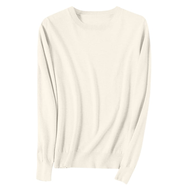 yoeyez Chandails Légers pour Femmes à Manches Longues Col Ras du Cou Chandail Uni Chandail Léger Doux Tricoté Hauts Bas d'Automne Beige TG