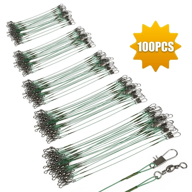 EIGTHTAIL 100PCS Stainless Steel Fishing Line Leaders Tooth Proof Heavy Duty Trace Fishing Leader Wire with Swivels and Snaps 14kg Pull for Connect Tackle Lures Rig or Hooks (Green)