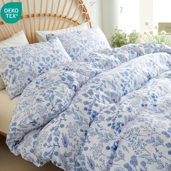 JOLUSERE Duvet Cover King Size,3 Pieces Botanical Floral Leaf Soft Comforter Cover Set for Adults,Blue White