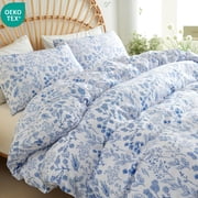 JOLUSERE Duvet Cover Queen Size,3 Pieces Botanical Floral Leaf Soft Comforter Cover Set for Adults,Blue White