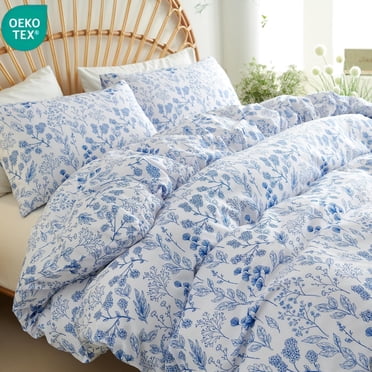 JOLUSERE Housse de Couette Grand Lit, Ensemble de Housse de Couette Doux 3 Pcs à Motif Botanique Floral et Feuilles pour Adultes, Bleu Blanc