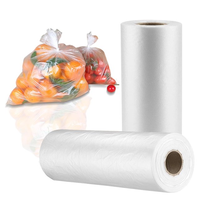 Rolls of durable clear plastic produce bags for groceries, measuring 12 x 16 inches (30 x 40 cm), made of high-quality PE material. The image shows a roll of perforated bags alongside filled bags containing fresh fruits and vegetables. These tear-resistant, leak-proof bags are suitable for food storage, bread, snacks, reusable snack bags, and various household uses.