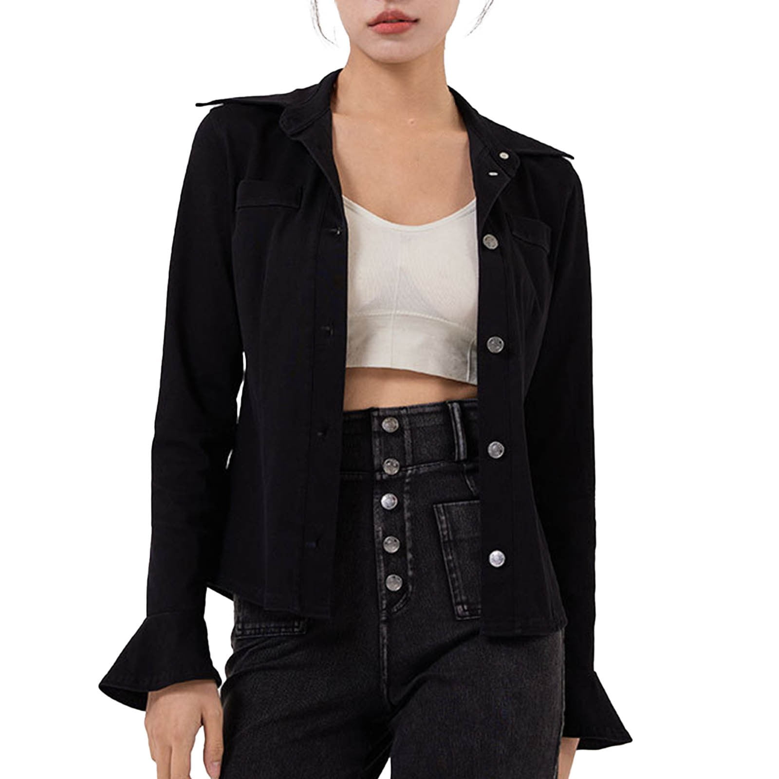 ジャケット・アウター COLLAR RUFFLES DENIM JACKET Light Jackets for Women Casual New Casual Denim Jacket for Women