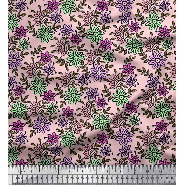 Soimoi Poly Georgette Fabric Leaves & Floral Block Printed Craft Fabric by The Yard 52 Inch Wide