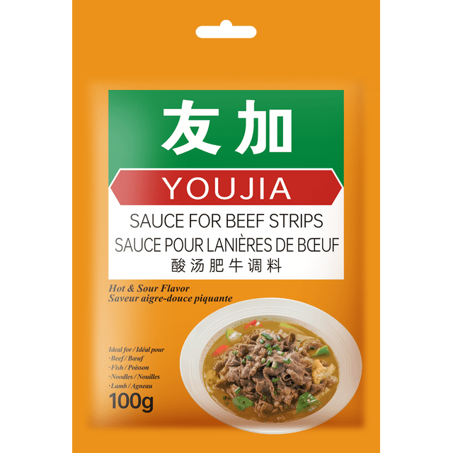 YOUJIA Sauce pour Lanières de Bœuf Saveur Piquante et Aigre Sauce de Cuisine Chinoise Sachet avec Étiquette Verte et Rouge, Comprenant un Bol de Lanières de Bœuf dans un Bouillon Doré avec des Légumes, Idéal pour le Bœuf, le Poisson, les Nouilles et l'Agneau, Sachet de 100 g.