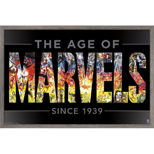 Marvel Comics - Marvel 80e Anniversaire - l'Ère des Merveilles Affiche Murale, 22,375 Pouces x 34 Pouces avec un Fond Noir et de Grandes Lettres « Merveilles » Remplies d'Illustrations Colorées de Superhéros et Méchants Marvel. l'Affiche Comprend « l'Ère de » au-Dessus et « depuis 1939 » en Dessous, Encadrée en Bois Gris. Idéale pour la Déco Murale dans les Chambres, Bureaux Ou Dortoirs.