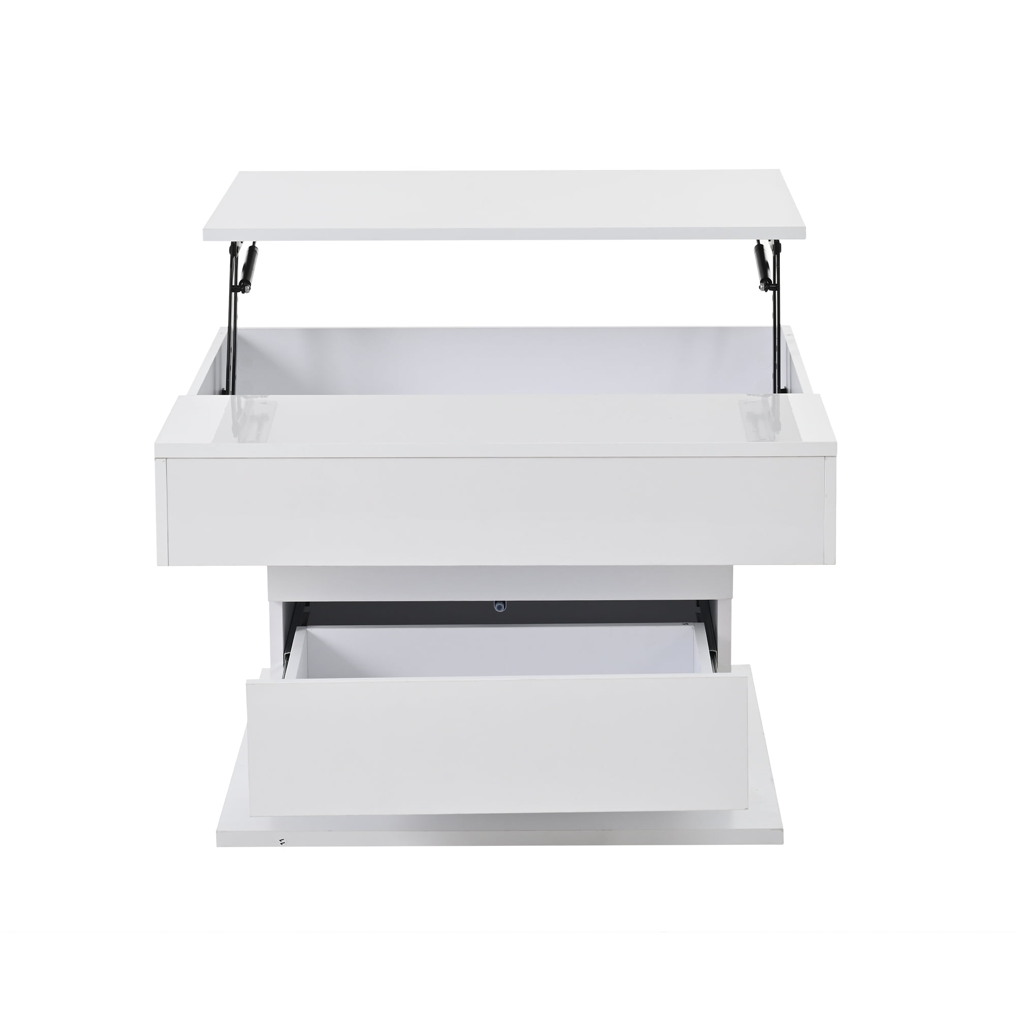 Homy Casa 27.5-Inch Square Lift-Top Coffee Table, 360° Rotating High-Gloss Top, Hidden Storage and Drawer, White and Natural Wood