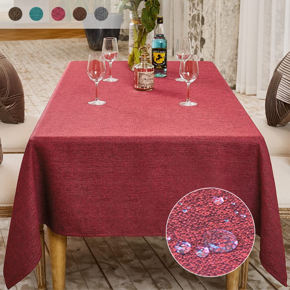 BALCONY & FALCON Rectangle Tablecloth Water Resistant Faux Linen 90 x 156 Outdoor Dining Ruby Red