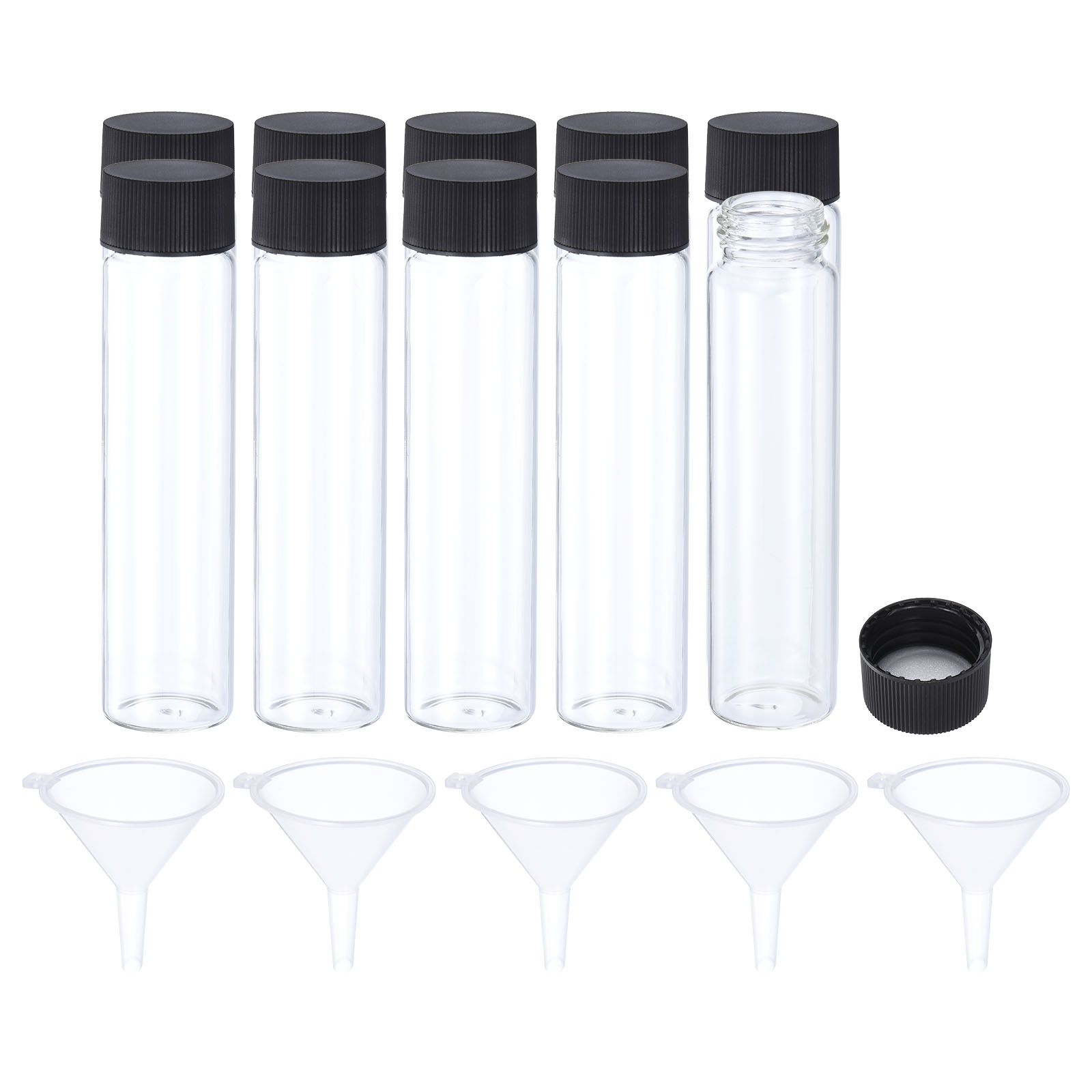 Unique Bargains 50mL Reagent Media Bottle, 10 Pack Round Glass Storage Bottles with 5 Funnel Plastic Screw Cap, Clear Black