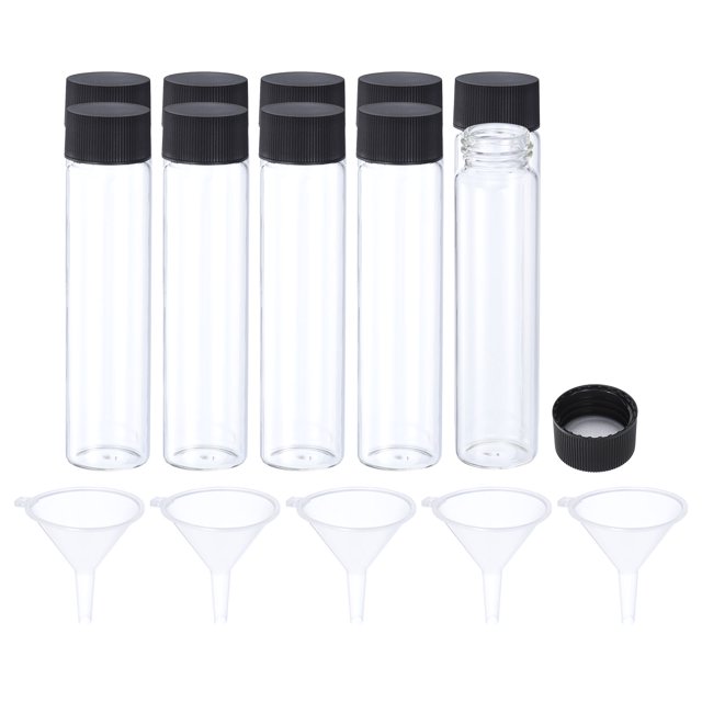 Unique Bargains 50mL Reagent Media Bottle, 10 Pack Round Glass Storage Bottles with 5 Funnel Plastic Screw Cap, Clear Black