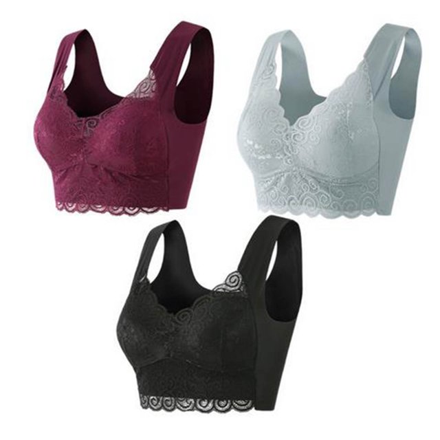 Timegard Bras for Women Plus Size Wirefree Flower Lace Back Smoothing Comfortable Full-Support Bralette