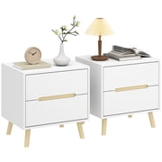 HOMCOM Nightstands Set of 2, Bedside Table w/ 2 Drawers and Wood Legs White