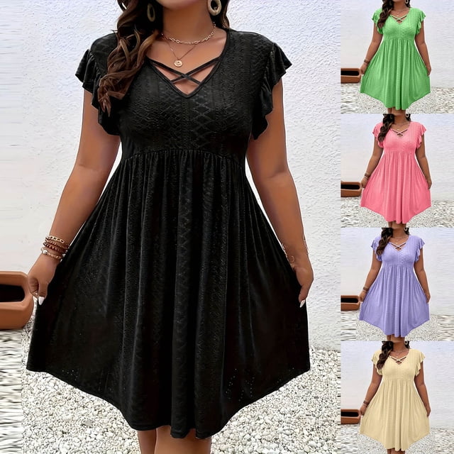 IFNWSV Robes Grande Taille, Robe Ligne A à Col en V Uni avec Manches à Volants, Décor Croisé, Style Décontracté Élégant, Robes d'Été pour Femmes Vert TG