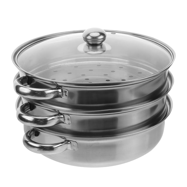 Miangastore 28cm stainless steel three-layer soup steamed steamer in silver, featuring a tempered glass lid and riveted handles for durability. The steamer has a polished brushed surface, three-layer double bottom for even heat conduction, and is suitable for multiple heat sources. Ideal for preparing nutritious meals efficiently.