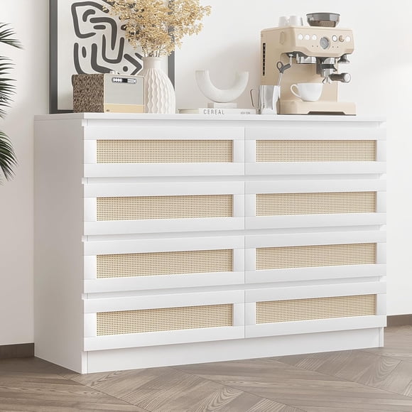 Rattan Dresser for Bedroom, Modern 8 Drawer Wooden Dresser Chest, Wide Wood Beside Table for Closet, Nursery, Living Room and Entryway