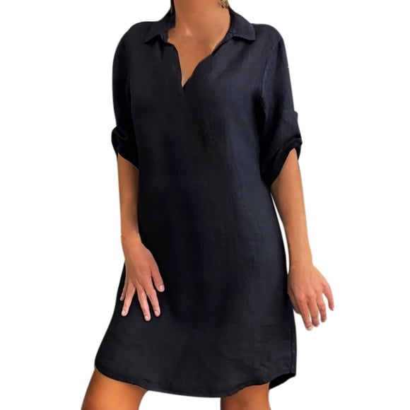 Fridja Womens Plus Size Solid Cotton Linen Turn Down Collar Loose Shirt Dress