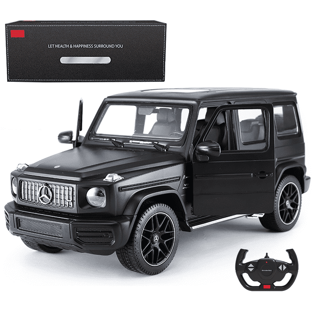 VOLTZ TOYS 1/14 Scale RC Car, a licensed Mercedes-Benz AMG G63 remote control toy car model in black. Features include openable doors, working LED headlights and taillights, a detailed interior, and a realistic dashboard. The car comes with a 2.4GHz remote for full control, allowing forward, reverse, and turning movements. It has a sleek, injection-moulded body, 4-wheel independent suspension, and grip tires. Suitable for smooth surfaces like concrete or wood. Includes a black box with branding and a remote control. Batteries not included.