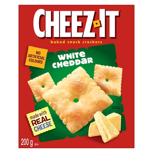 Cheez-It Baked Snack Crackers White Cheddar 200 g box displaying three square baked wheat crackers with a hole in the center and white cheddar cheese dusting on a green background, featuring labels for no artificial colours and made with real cheese, suitable for snacking and party spreads.