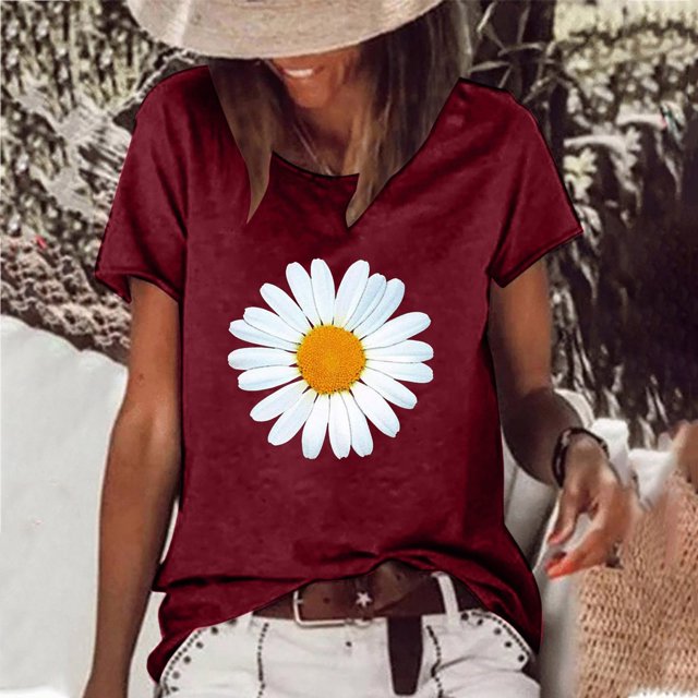 SMihono Hauts pour Femmes Été Mode Décontractée Femme Décontractée Marguerite Col Rond Imprimé Blouse Manches Courtes T-Shirt Été Hauts T-Shirt Oversize pour Femmes