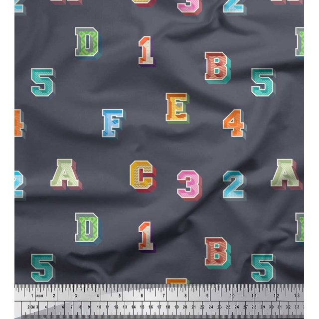 Soimoi Cotton Voile Fabric Numbers & Alphabets Text Printed Fabric 1 Yard 56 Inch Wide