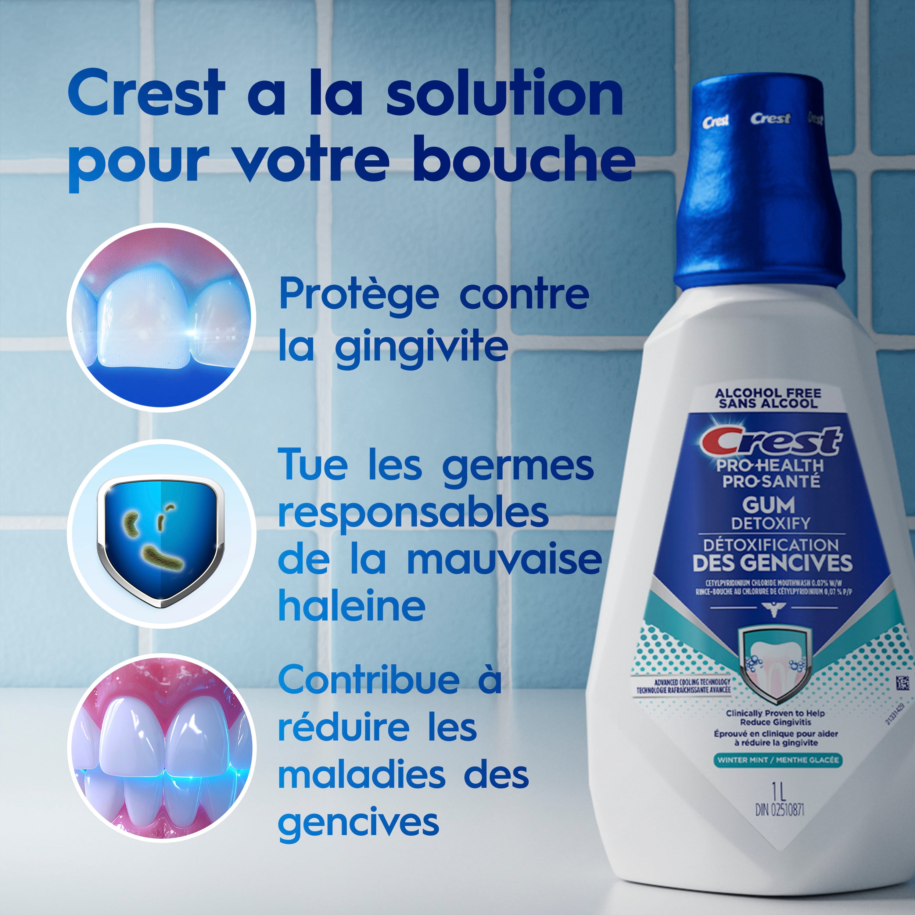 Rince-bouche Crest Pro-Santé Détoxification des gencives, antigingivite et antiplaque, neutralise la plaque, sans alcool, menthe d’hiver, 1 L