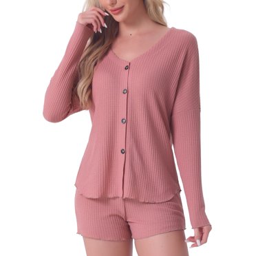 INSPIRE CHIC Women's Waffle Pajama Sets Knit Lounge Set Button Up Long Sleeve Top and Shorts Matching Loungewear S Pink