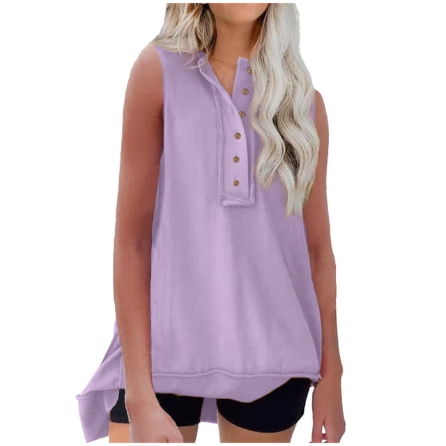 FAIWAD Women's Sleeveless Tank Tops Summer V Neck Button Down Tops Irregular Hem Lightweight Tops