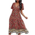 thumbnail image 2 of SMihono Robe d'Été Boho pour Femmes Grande Taille Mode Robe Décontractée à Col en V Imprimée avec Ceinture Manches Courtes Ample, 2 of 7