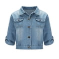 thumbnail image 4 of aohooy Vestes en Jean pour Femmes Basiques à Boutons, Manches Mi-Longues Retroussables, Veste en Denim Extensible Décontractée Courte, Manteau en Denim pour Femmes Bleu Pâle,L, 4 of 7