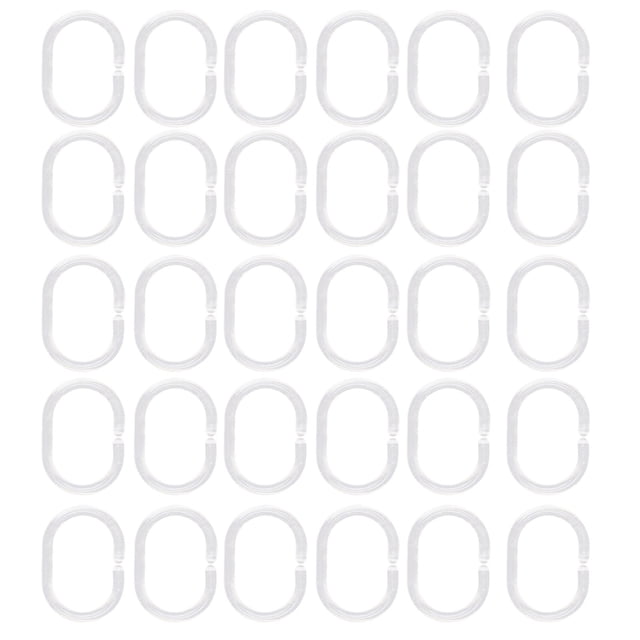 Riforla 24Pcs Shower Curtain Hooks Rings in clear color, designed with a C-shaped form for effortless sliding and installation on shower or window rods. These flexible and durable hooks are ideal for humid bathroom environments and can also be used for organizing lightweight items like tapestries or towels. Package includes 24 hooks arranged in a grid layout.