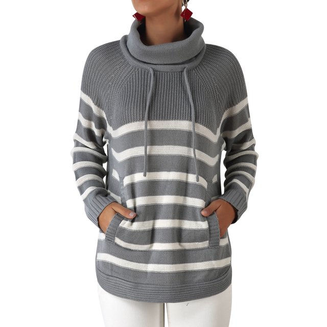 Women Stripe Turtle Neck Pocket Front Long Sleeve Knitted Sweater