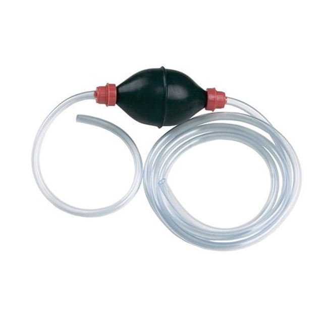 FloTool Super Siphon™ with a large black hand pump and clear flexible tubing approximately 6 feet long, designed for safe and easy transfer of fuel and other liquids in automotive fuel system repairs.