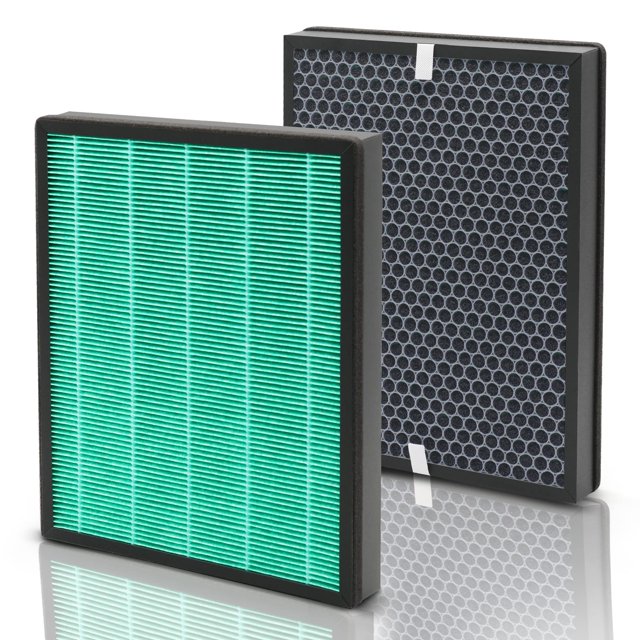 400 400S Replacement Filter Compatible with Coway Airmega Max 2 400/400S Air Purifier Filter Replacement, featuring a premium H13 True HEPA filter and activated carbon layer for enhanced air quality improvement. The image shows two filters, one with a green HEPA grid and the other with a black honeycomb carbon design, designed for efficient filter replacement and air purification. Sold as a 2-pack.