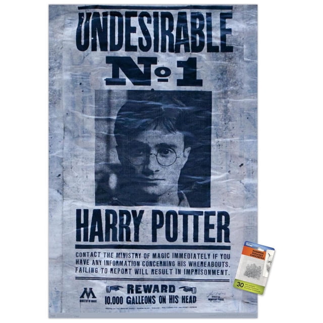 The Wizarding World: Harry Potter - Undesirable Wall Poster, 22.375" x 34" showing a glossy high-resolution print of a vintage Ministry of Magic wanted poster with bold black text 'UNDESIRABLE No. 1' and 'HARRY POTTER' on a textured gray background. The poster offers a 10,000 Galleon reward and includes Ministry of Magic contact details, suitable for themed home or party wall decor.