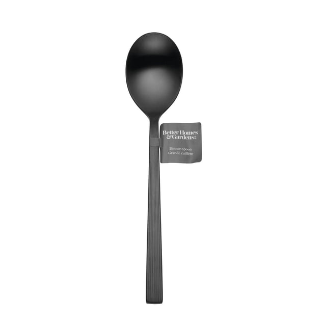 BHG River Cuillère de Table en Satin Noir en Acier Inoxydable avec Fini Satin Noir, Dotée d'Un long Manche Nervuré et d'Un Bol Ovale Lisse, Va au Lave-Vaisselle et Conçue pour les Repas Quotidiens, avec une Étiquette Better Homes & Gardens Près du Cou.