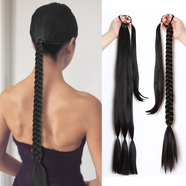 RKSTN Wigs Human Hair Ponytail Braid Extensions featuring synthetic hair for braiding, shown in black. Includes an 80 cm long ponytail extension with a braided design, offering instant length and volume. The comfortable hairband base ensures secure and easy styling for all-day wear. The image displays the braid styled on a model and the separate hairpiece components.