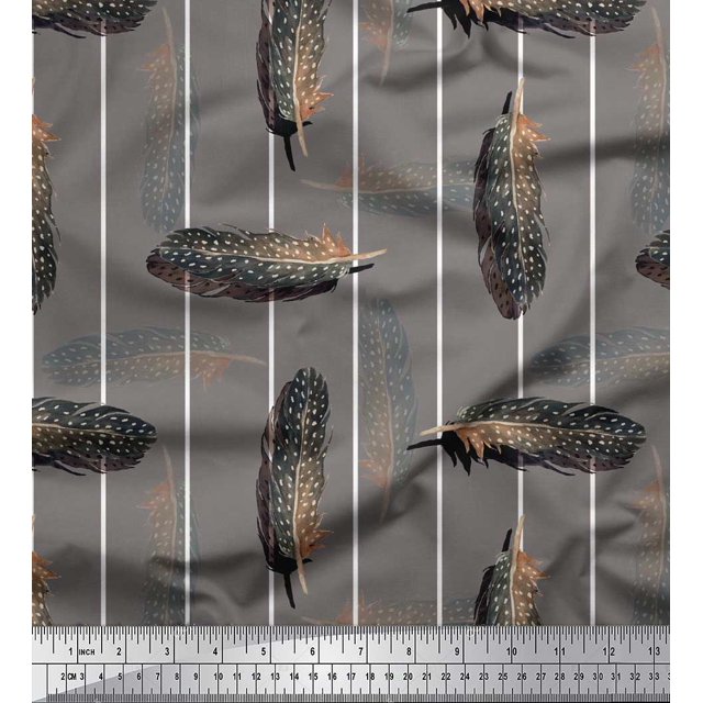 Soimoi Gray Heavy Canvas Fabric Stripe Feather Printed Fabric 1 Yard 58 Inch Wide
