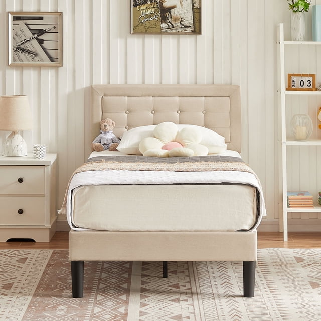 VECELO Upholstered Platform Bed Frame with Button Tufted Adjustable Headboard, Sturdy Wood Slat Support, Beige