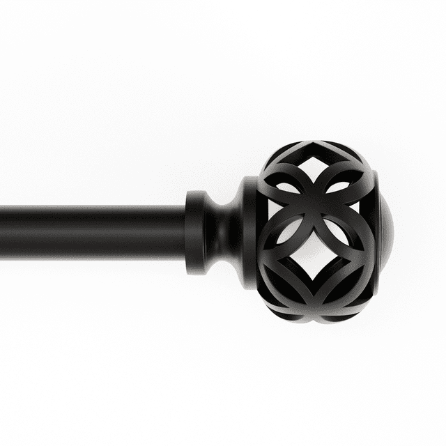 Mainstays 1/2" Black Filagree Knob Adjustable Curtain Rod Set, 28"-48" showing a close-up side view of the black steel rod with an open geometric filigree knob finial, suitable for window treatments and curtain hardware with included mounting brackets for easy installation.
